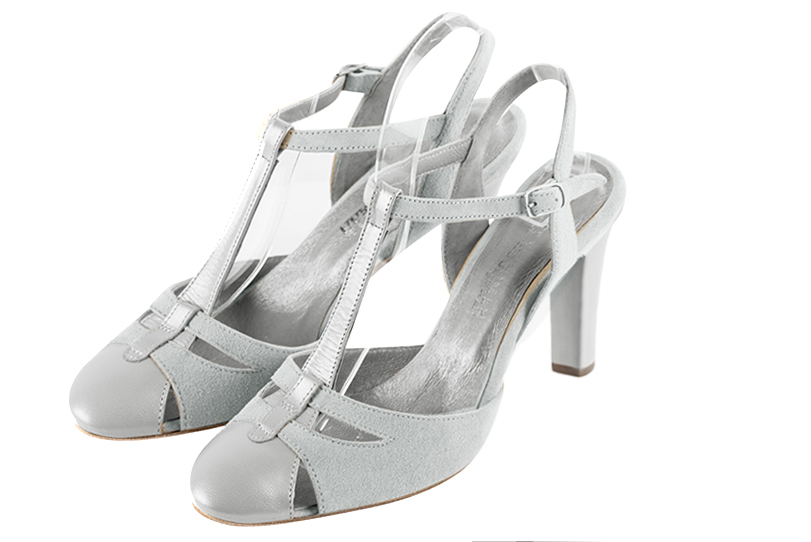 Light silver and pearl grey women's open back T-strap shoes. Round toe. High kitten heels. Front view - Florence KOOIJMAN